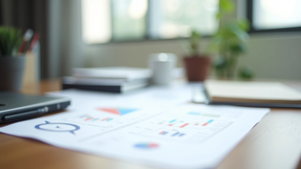 Professional workspace with market data and trading materials on wooden desk, modern office environment, natural lighting