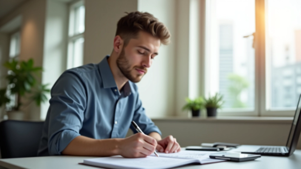 Student reviewing course materials and making notes during focused study session at desk