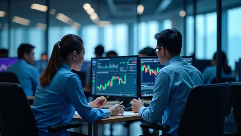 Modern trading floor with multiple monitors displaying market data and financial charts in real-time